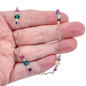 Estate Sterling Silver 925 Multi Color Crystal Necklace 17"-19.5"